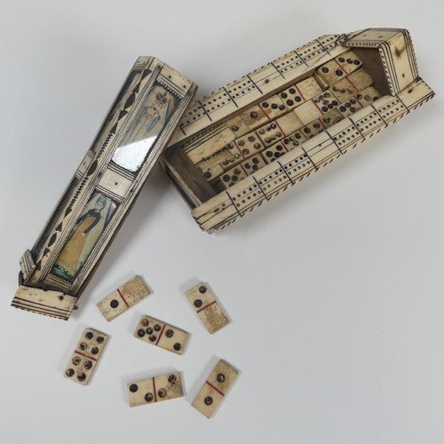 63 - Early 19th century French Prisoner of War bone veneered Cribbage and Dominoes box, of shaped rectang... 