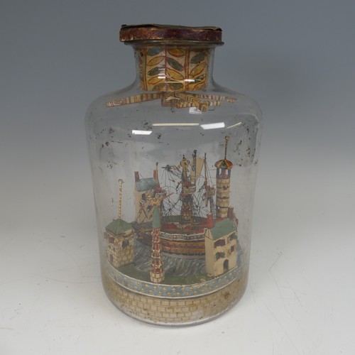 67 - Early 19th century French Prisoner of War diorama in a bottle, depicting harbour scene with three-ma... 