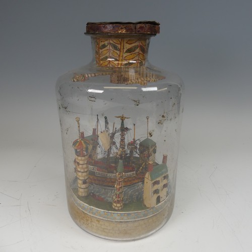 67 - Early 19th century French Prisoner of War diorama in a bottle, depicting harbour scene with three-ma... 