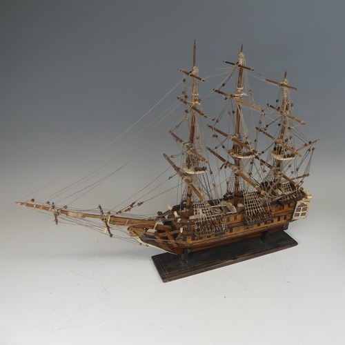 71 - 19th century Napoleonic Prisoner of War carved bone and wood model of a three mast sixty-gun Ship, f... 