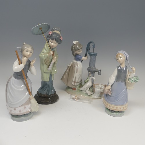 117 - A Lladro porcelain 'Japonesita Sombrero' Figure, no.4988, together with 'A Clean Sweep', 'Summer on ... 