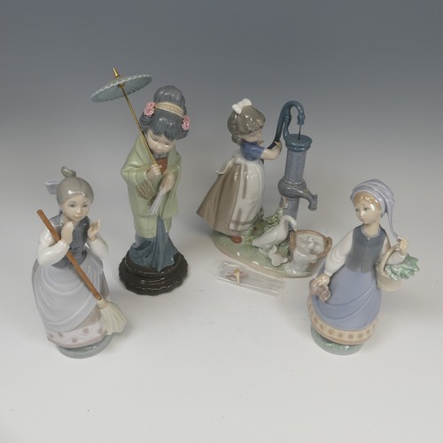 117 - A Lladro porcelain 'Japonesita Sombrero' Figure, no.4988, together with 'A Clean Sweep', 'Summer on ... 