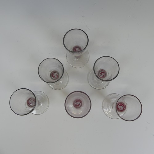 78 - A matched set of six good quality antique Wine Glasses, probably 18th century, the ovoil bowl on red... 