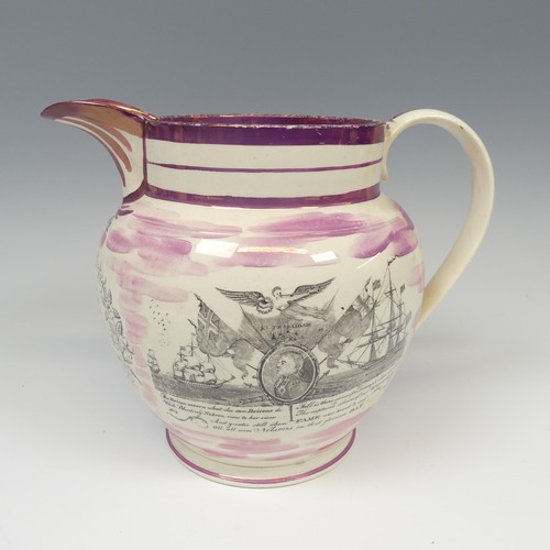 123 - A 19thC Dixon & Co Sunderland lustre Jug, with transfer Nelson in Memoriam print, also Iron Brid... 