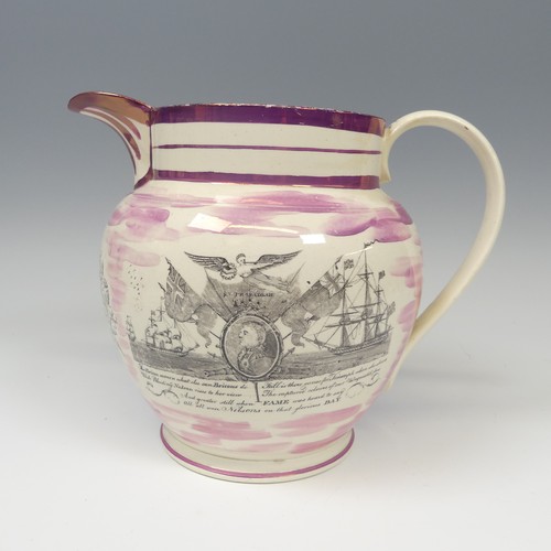 123 - A 19thC Dixon & Co Sunderland lustre Jug, with transfer Nelson in Memoriam print, also Iron Brid... 