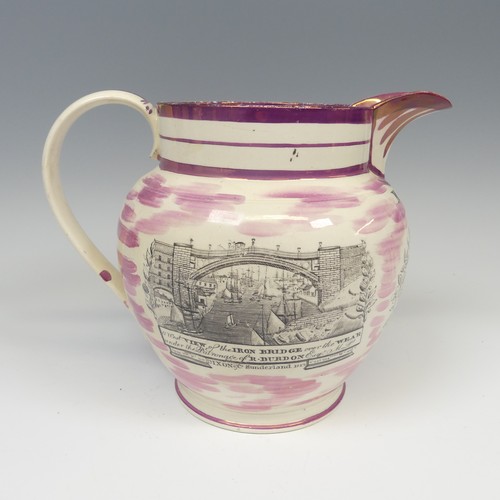 123 - A 19thC Dixon & Co Sunderland lustre Jug, with transfer Nelson in Memoriam print, also Iron Brid... 