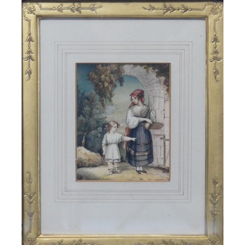 228 - 19th century Continental School, Mother and daughter beneath a ruined arch in wooded landscape, wate... 