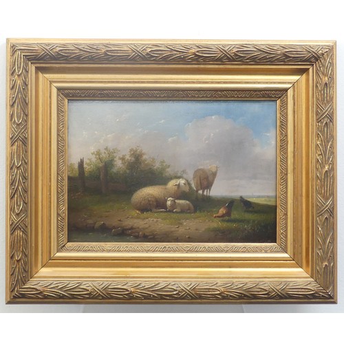 229 - English School (19th century), Sheep grazing by a hillside pond with duck and poultry, oil on panel,... 