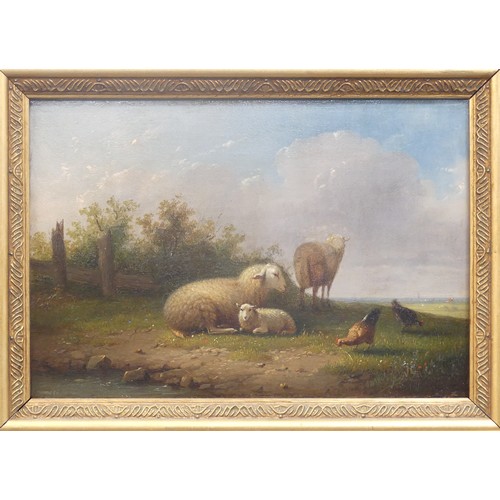 229 - English School (19th century), Sheep grazing by a hillside pond with duck and poultry, oil on panel,... 