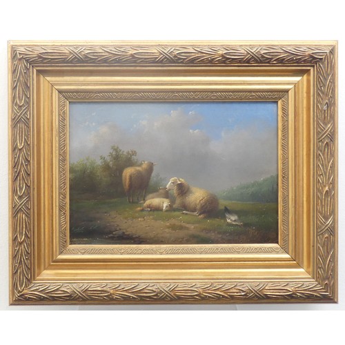 229 - English School (19th century), Sheep grazing by a hillside pond with duck and poultry, oil on panel,... 