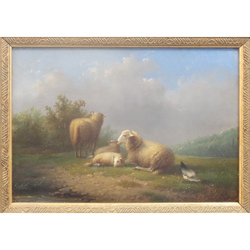 229 - English School (19th century), Sheep grazing by a hillside pond with duck and poultry, oil on panel,... 