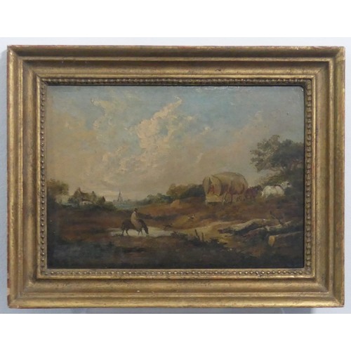 231 - Attributed to George Morland (British, 1763-1804), The Waggon, oil on panel, indistinctly signed low... 