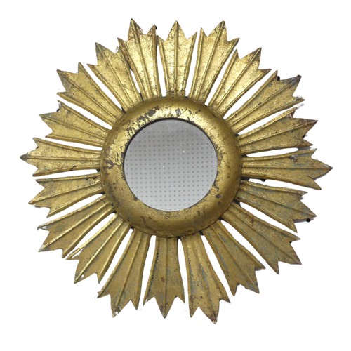 618 - A vintage gilt-wood star-burst wall Mirror, W 50 cm x H 50 cm, together with a larger copper star-bu... 