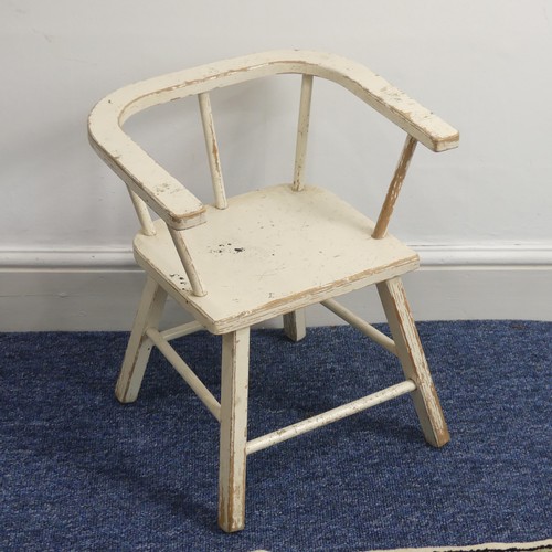 350 - A small red painted and rush seat child's Chair, W 42 cm x H 71 cm x D 35 cm, together with two chil... 