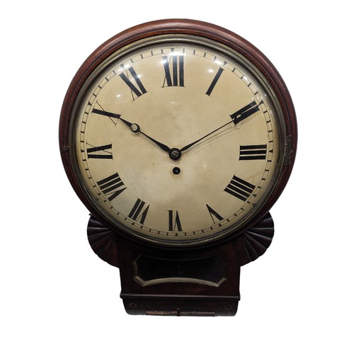 293 - A 19th century mahogany drop dial convex wall Clock, yellowed 12'' dial with roman numerals, encased... 