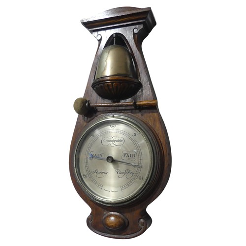 298 - An early 20th century oak gong Barometer by Delharty, with original striker, W 22 cm x H 50 cm.... 