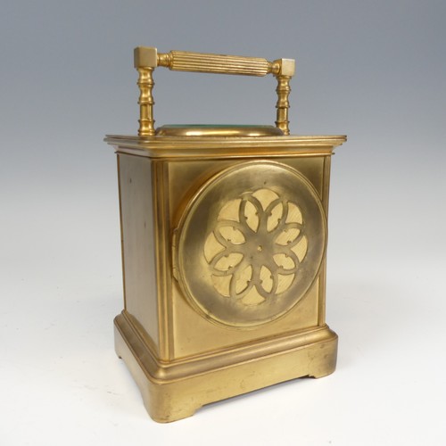 301 - A large French brass carriage Clock, the dial centre inset with the visible lever escapement and ena... 