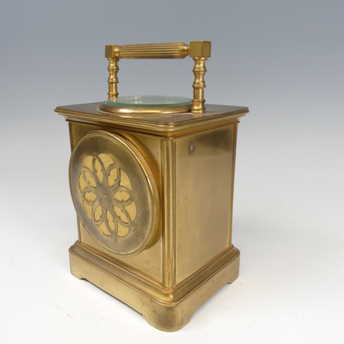 301 - A large French brass carriage Clock, the dial centre inset with the visible lever escapement and ena... 