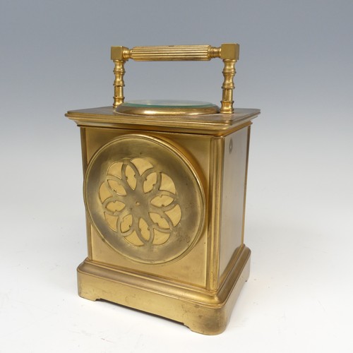 301 - A large French brass carriage Clock, the dial centre inset with the visible lever escapement and ena... 