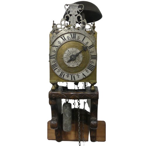 302 - An antique late 17th century style Lantern Clock and Bracket, probably Victorian, silvered 6 inch ch... 