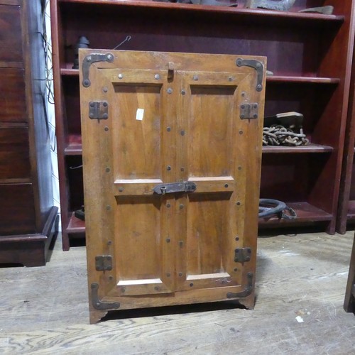 528 - A small antique military inspired pine metal bound Corner Cupboard, with carrying handles, W 50.5 cm... 