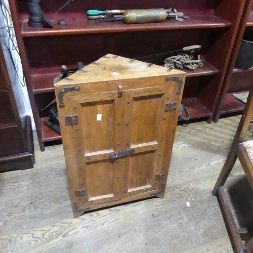 528 - A small antique military inspired pine metal bound Corner Cupboard, with carrying handles, W 50.5 cm... 