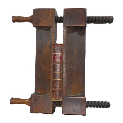 339 - An antique oak book-binder's laying Press, with antiquarian book, W 61 cm x H 61 cm x D 11 cm.... 