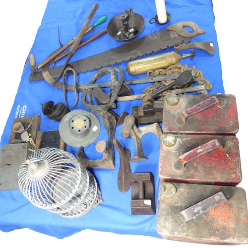 654 - A large quantity of garden Tools and other items, including ; a saw, oil cans, weights, fire extingu... 