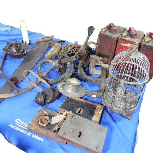 654 - A large quantity of garden Tools and other items, including ; a saw, oil cans, weights, fire extingu... 