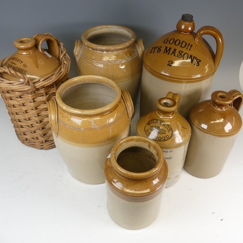 132 - A antique quantity of stoneware Flagons and Storage Jars, to comprise one in wicker surround, Wild B... 