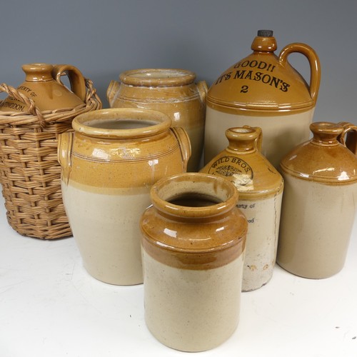 132 - A antique quantity of stoneware Flagons and Storage Jars, to comprise one in wicker surround, Wild B... 