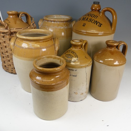 132 - A antique quantity of stoneware Flagons and Storage Jars, to comprise one in wicker surround, Wild B... 