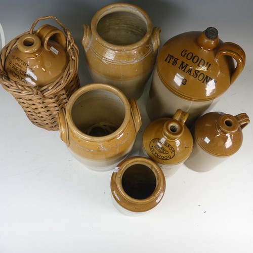 132 - A antique quantity of stoneware Flagons and Storage Jars, to comprise one in wicker surround, Wild B... 