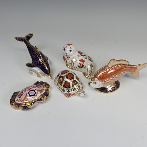 88 - A Royal Crown Derby Carp Paperweight, without stopper, together with a Dolphin, Seal and Crab of sec... 