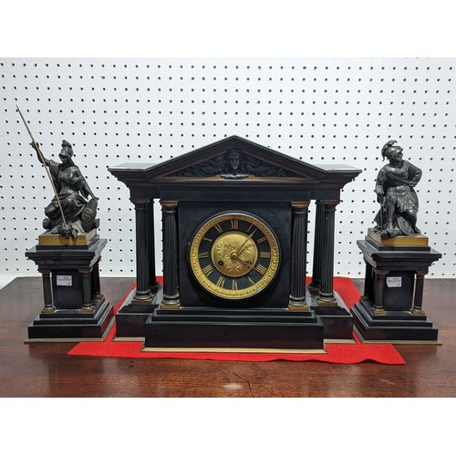 303 - A late 19th century French slate mantel Clock, with a Japy Freres movement, rack striking movement o... 