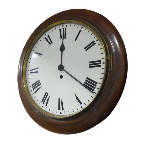 308 - A mahogany cased G.P.O wall Clock, white painted dial, Arabic numbers, minute baton markers, dial pa... 