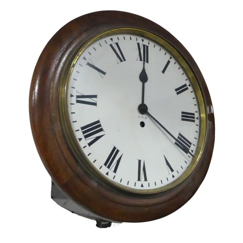 308 - A mahogany cased G.P.O wall Clock, white painted dial, Arabic numbers, minute baton markers, dial pa... 