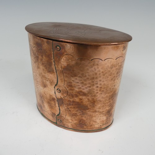 329 - An Arts and Crafts Herbert Dyer copper oval Tea Caddy, hammered in relief with a fishing vessel at f... 