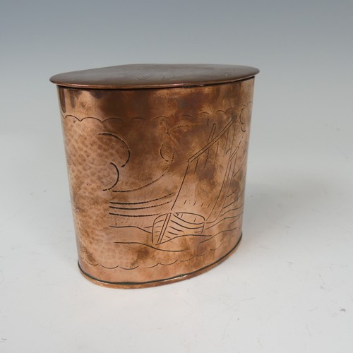 329 - An Arts and Crafts Herbert Dyer copper oval Tea Caddy, hammered in relief with a fishing vessel at f... 