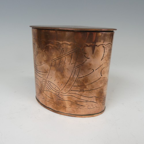 329 - An Arts and Crafts Herbert Dyer copper oval Tea Caddy, hammered in relief with a fishing vessel at f... 