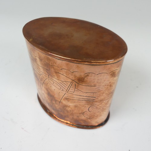 329 - An Arts and Crafts Herbert Dyer copper oval Tea Caddy, hammered in relief with a fishing vessel at f... 