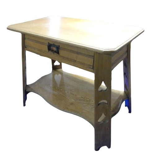 336 - An Arts and Crafts side blond oak side Table, moulded square top above chamfered central drawer and ... 