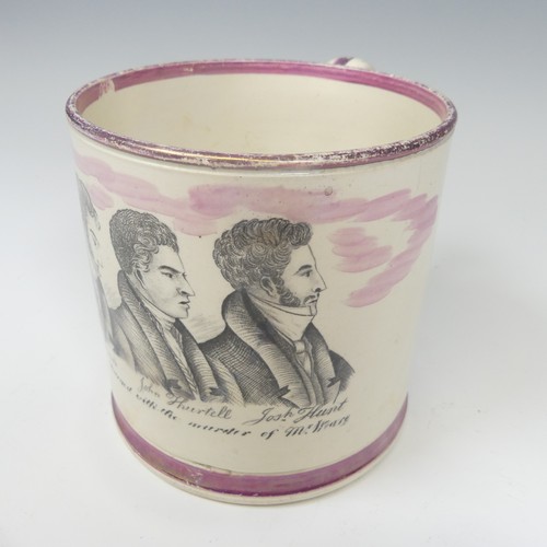 139 - A mid 19thC Sunderland lustre Mug, with transfer print of the the three suspects of the Elstree Murd... 