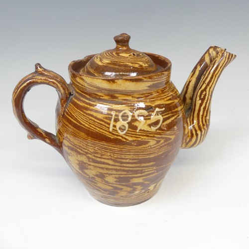 143 - A late 19thC slipware marriage Teapot, with double spout and cover, chips to rim, inscribed for 'Mr ... 