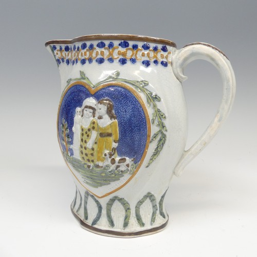 147 - An 18thC pratt ware Jug, with central heart cartouche enclosing two figures, titled 'Mischievous, Sp... 