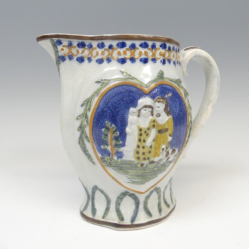 147 - An 18thC pratt ware Jug, with central heart cartouche enclosing two figures, titled 'Mischievous, Sp... 