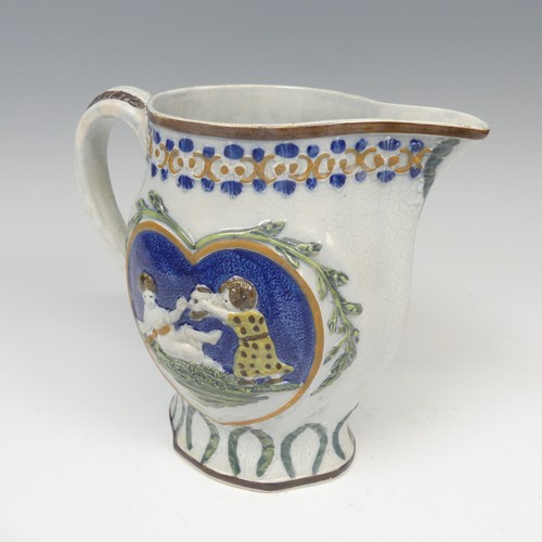 147 - An 18thC pratt ware Jug, with central heart cartouche enclosing two figures, titled 'Mischievous, Sp... 