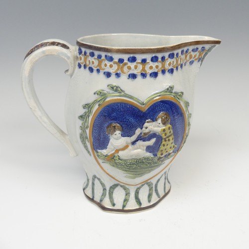 147 - An 18thC pratt ware Jug, with central heart cartouche enclosing two figures, titled 'Mischievous, Sp... 