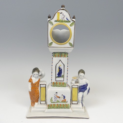 150 - An early 19thC prattware Watch Stand, probably made in the North of the UK, with central longcase Cl... 