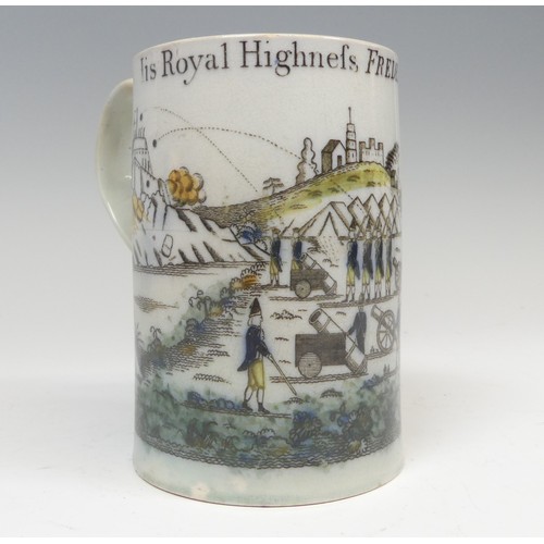 154 - A late 18thC pearlware Duke of York Mug, with coloured transfer print illustrating a citadel under s... 